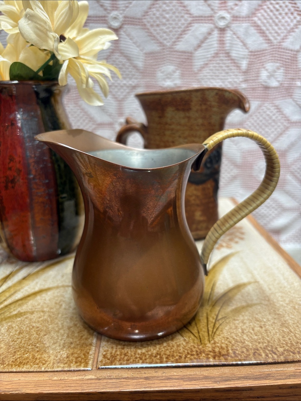 Copper-Tone Ceramic Pitcher Trio - Rustic Brown & Tan - Picture 2 of 16
